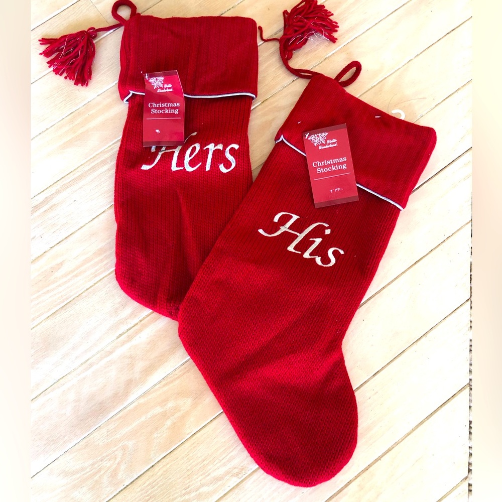 NWT HIS & HERS red knit Christmas stockings
